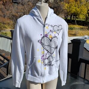 Women's APX White Hoodie Sweatshirt Large Barb Wire & Hearts